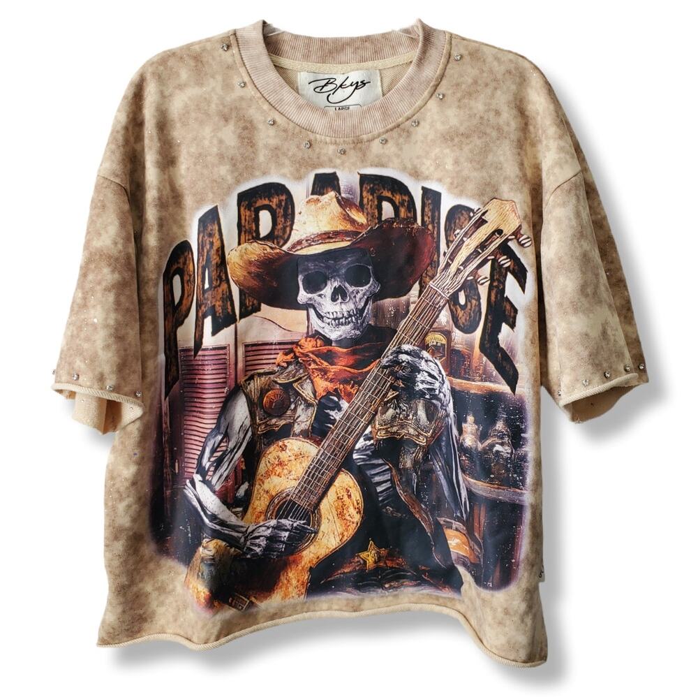 BKYS Paradise Cowboy Skull Cropped Tee Top L Streetwear Urban Lone Rebel NEW